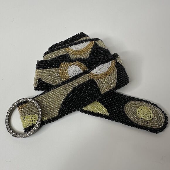 Abstract Seed Bead Silk Belt Womens Sz M Rhinestone O-Ring Buckle Evening Formal - Picture 14 of 15